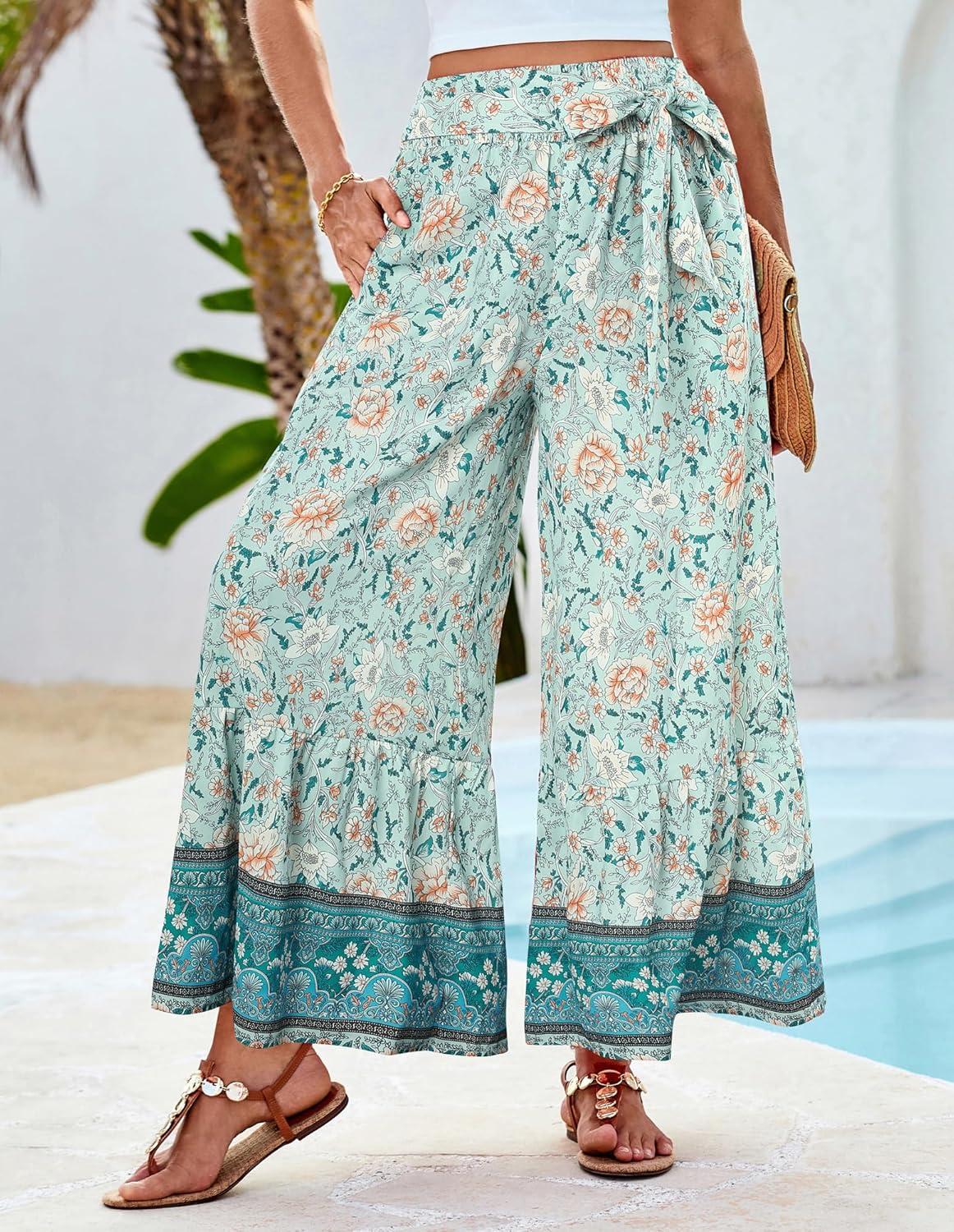 imageGRACE KARIN Womens 2026 Summer Wide Leg Palazzo Pants Elastic High Waisted Boho Casual Flowy Beach Pants with PocketsMint Floral