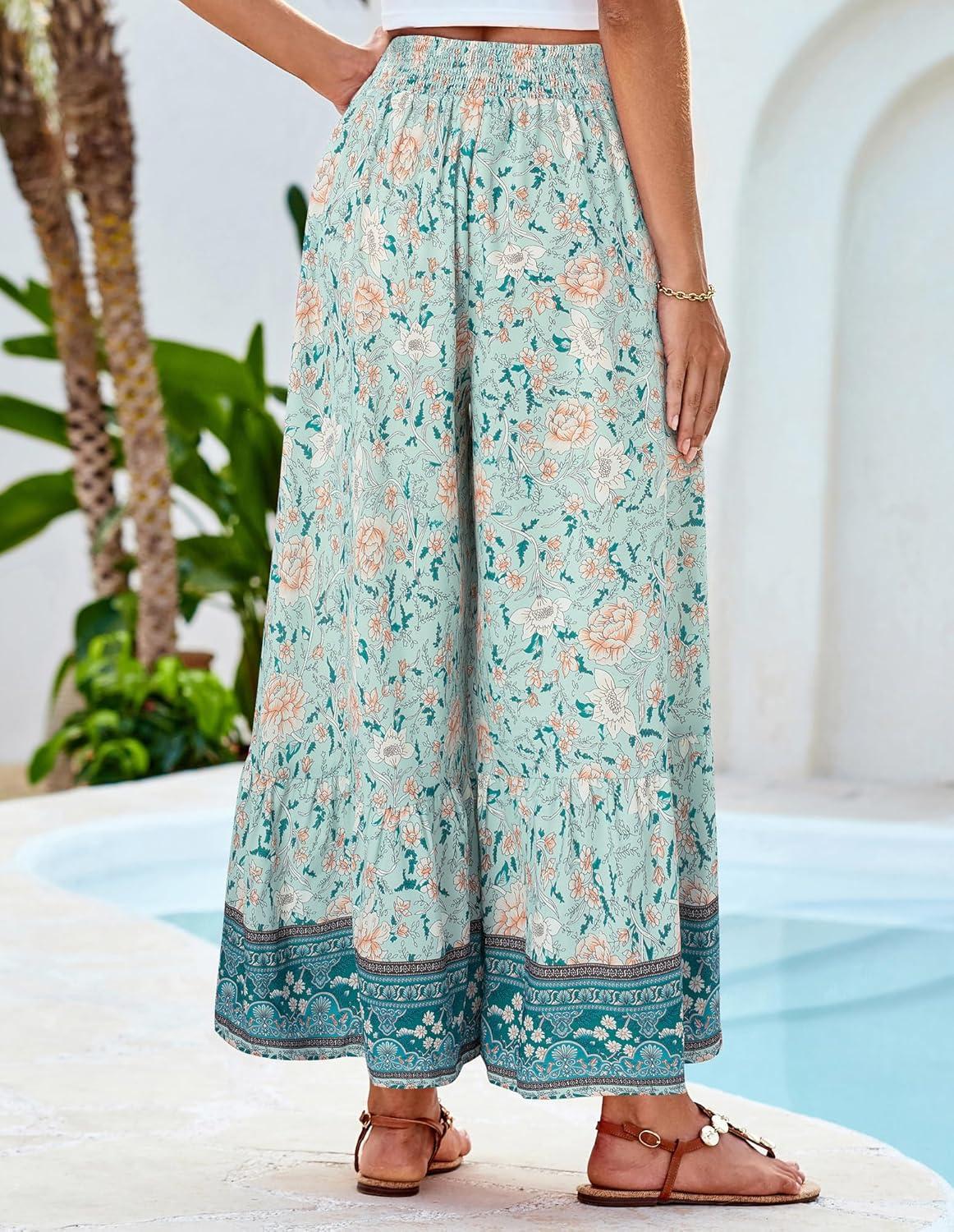 imageGRACE KARIN Womens 2026 Summer Wide Leg Palazzo Pants Elastic High Waisted Boho Casual Flowy Beach Pants with PocketsMint Floral
