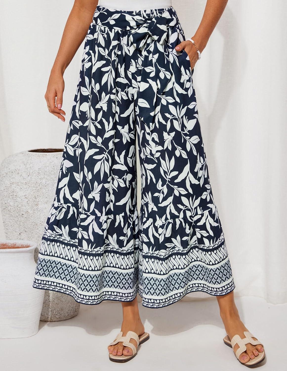 imageGRACE KARIN Womens 2026 Summer Wide Leg Palazzo Pants Elastic High Waisted Boho Casual Flowy Beach Pants with PocketsNavy Floral