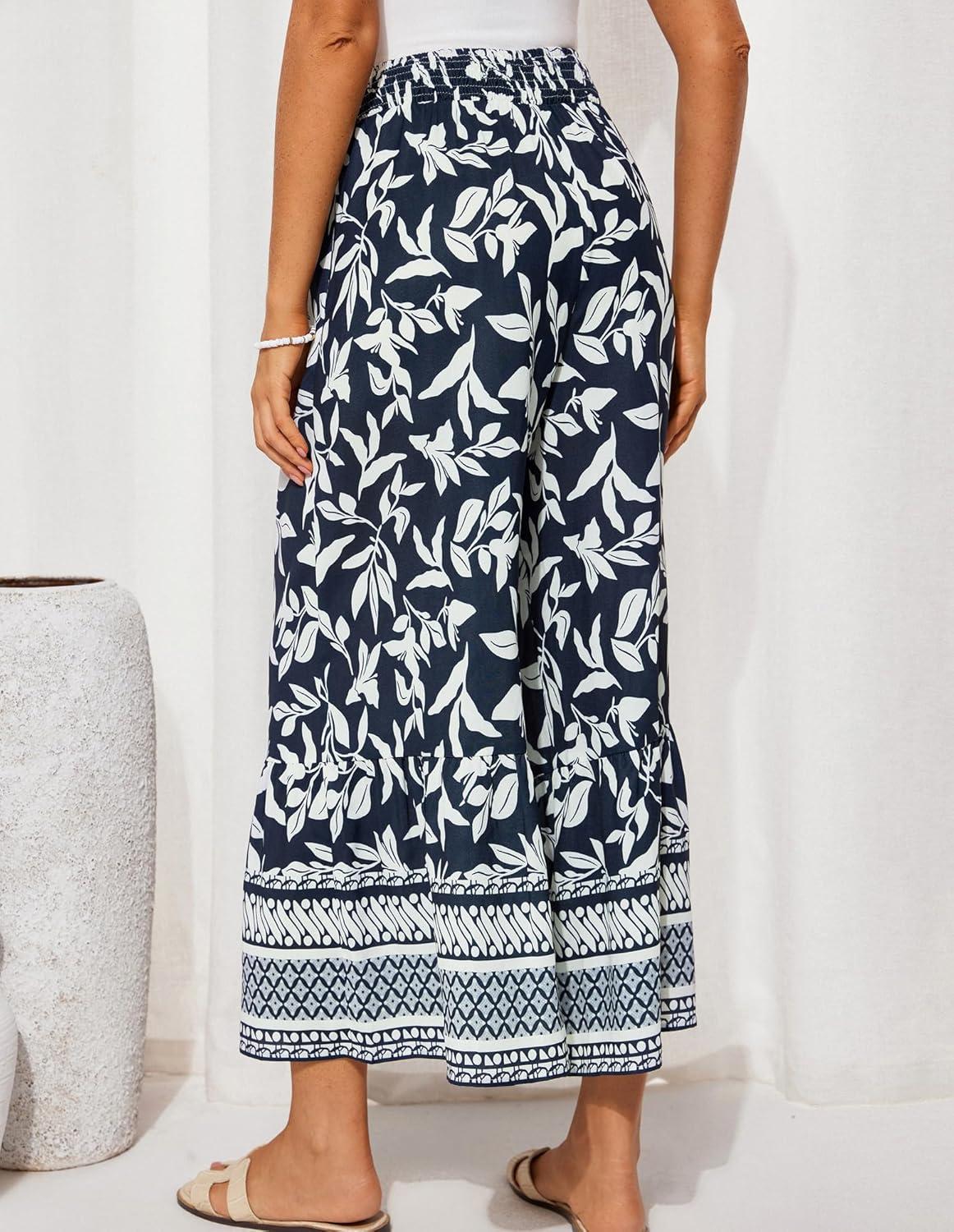imageGRACE KARIN Womens 2026 Summer Wide Leg Palazzo Pants Elastic High Waisted Boho Casual Flowy Beach Pants with PocketsNavy Floral