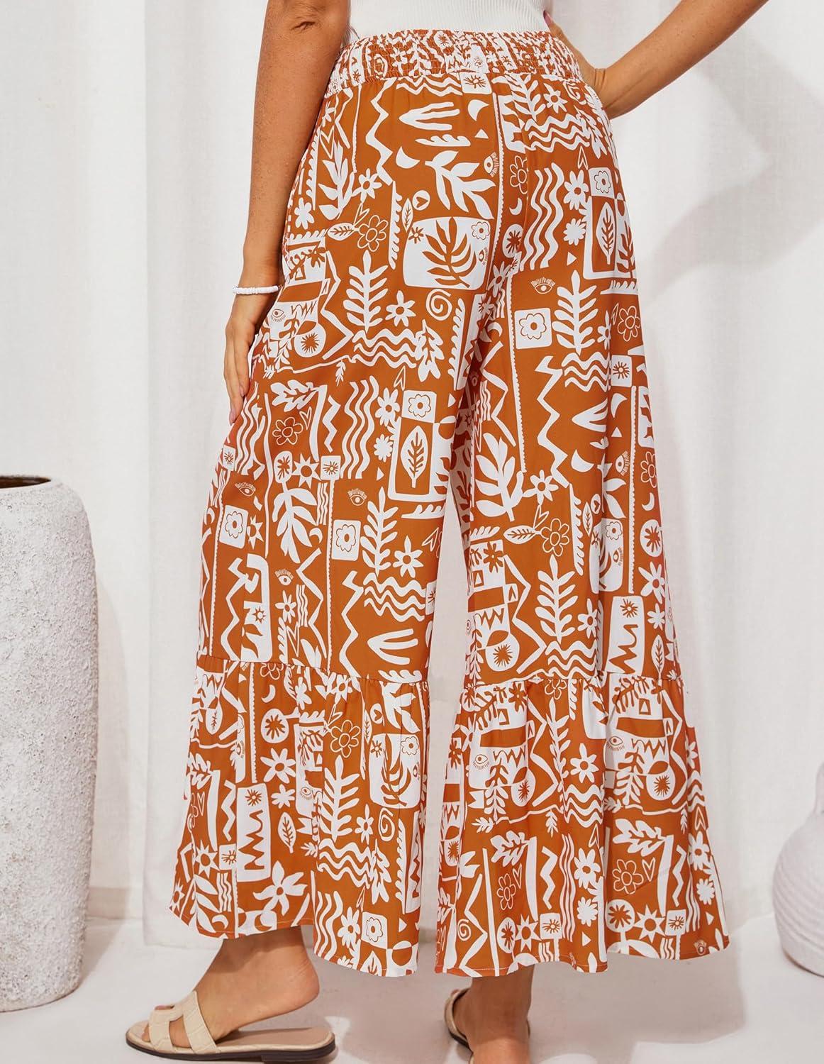 imageGRACE KARIN Womens 2026 Summer Wide Leg Palazzo Pants Elastic High Waisted Boho Casual Flowy Beach Pants with PocketsOrange Floral