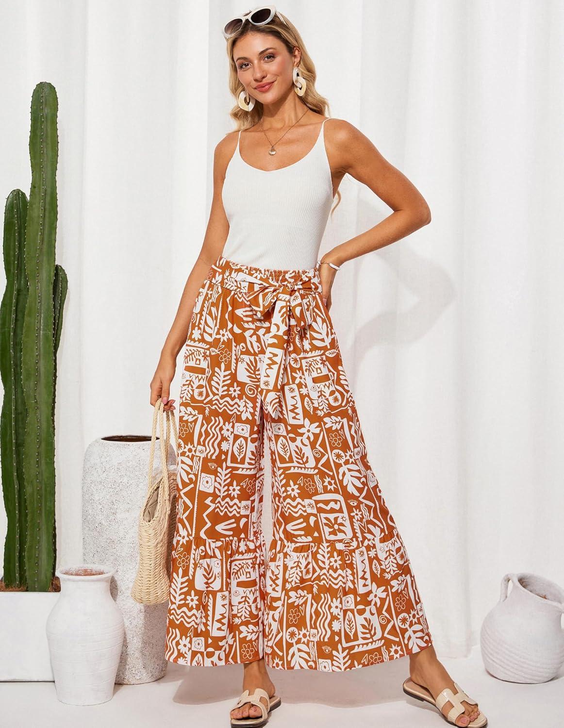 imageGRACE KARIN Womens 2026 Summer Wide Leg Palazzo Pants Elastic High Waisted Boho Casual Flowy Beach Pants with PocketsOrange Floral