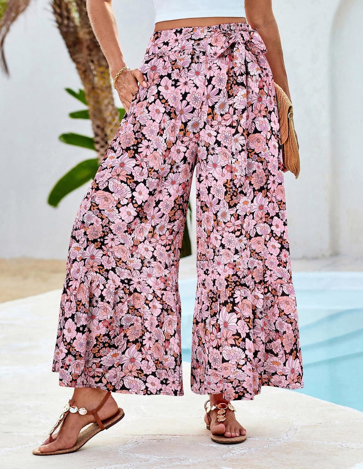 imageGRACE KARIN Womens 2026 Summer Wide Leg Palazzo Pants Elastic High Waisted Boho Casual Flowy Beach Pants with PocketsPink Floral