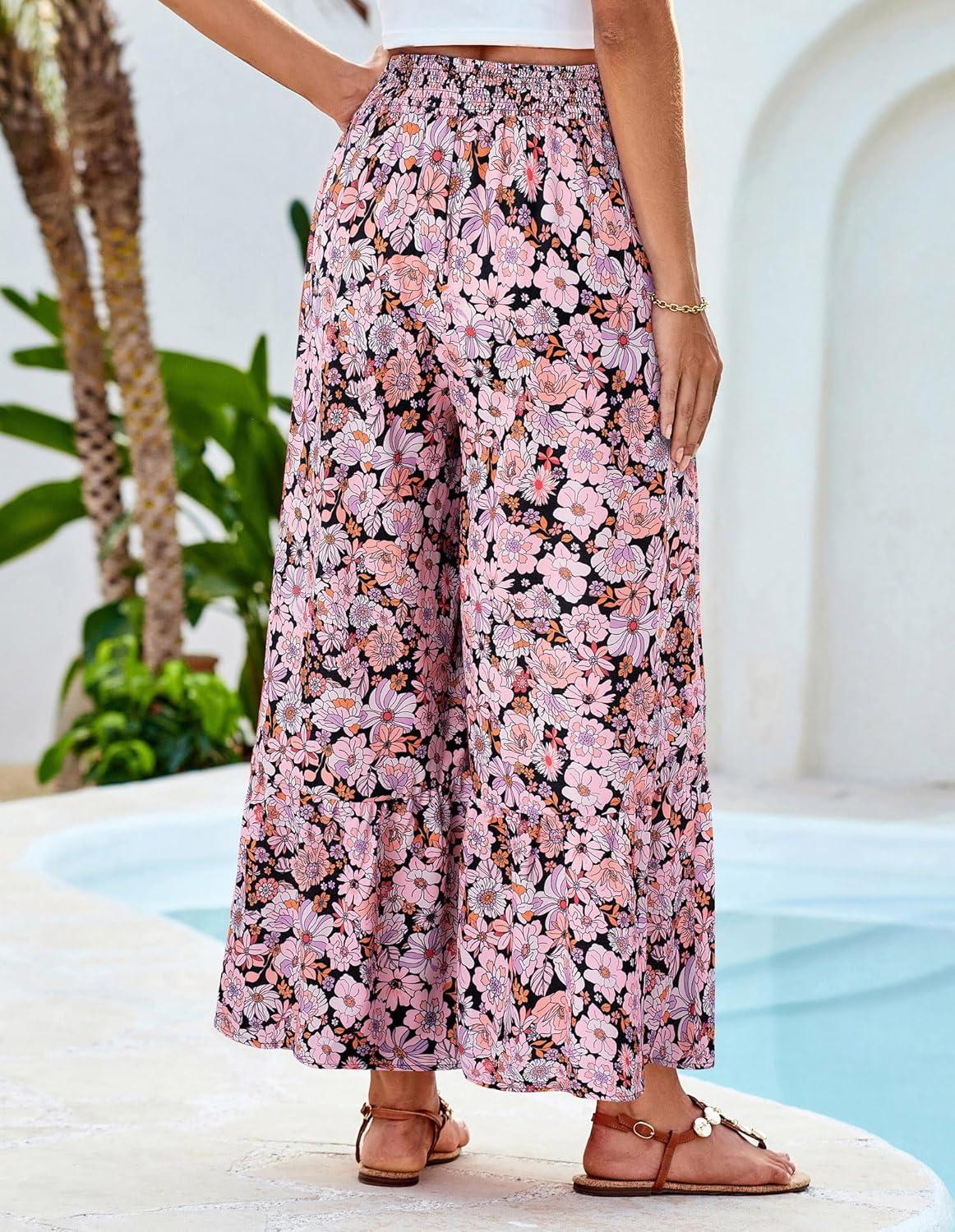 imageGRACE KARIN Womens 2026 Summer Wide Leg Palazzo Pants Elastic High Waisted Boho Casual Flowy Beach Pants with PocketsPink Floral