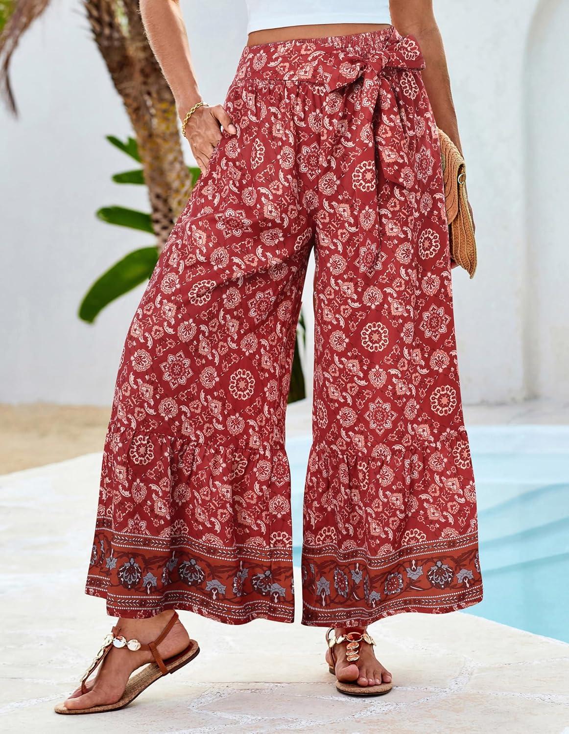 imageGRACE KARIN Womens 2026 Summer Wide Leg Palazzo Pants Elastic High Waisted Boho Casual Flowy Beach Pants with PocketsRed Floral
