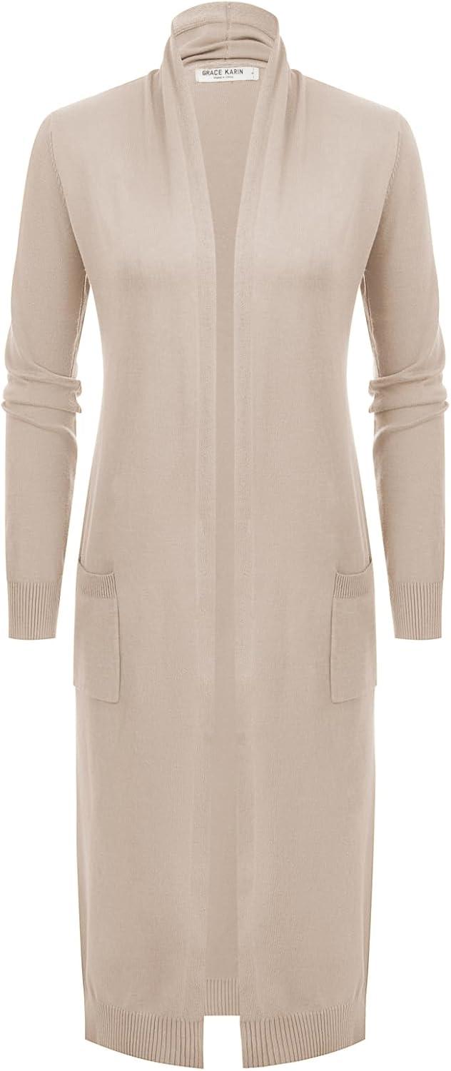 imageGRACE KARIN Womens 2026 Trendy Long Cardigans Sweater Lightweight Open Front Long Sleeve Maxi Duster Coats with PocketsApricot