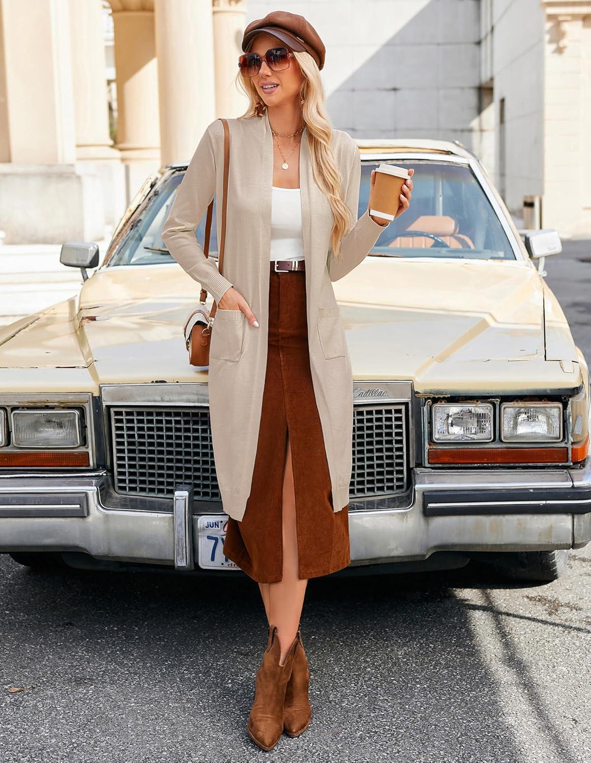 imageGRACE KARIN Womens 2026 Trendy Long Cardigans Sweater Lightweight Open Front Long Sleeve Maxi Duster Coats with PocketsApricot