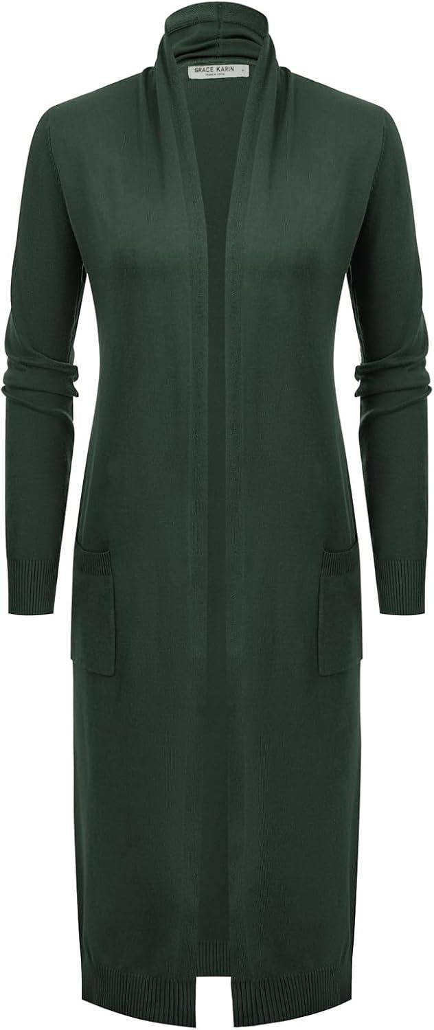 imageGRACE KARIN Womens 2026 Trendy Long Cardigans Sweater Lightweight Open Front Long Sleeve Maxi Duster Coats with PocketsArmy Green