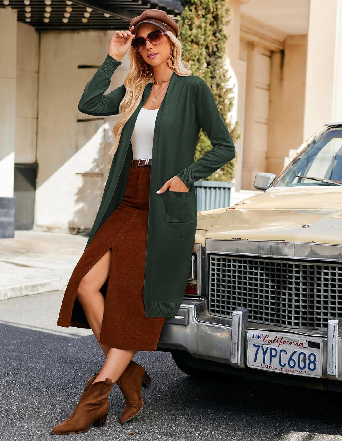imageGRACE KARIN Womens 2026 Trendy Long Cardigans Sweater Lightweight Open Front Long Sleeve Maxi Duster Coats with PocketsArmy Green