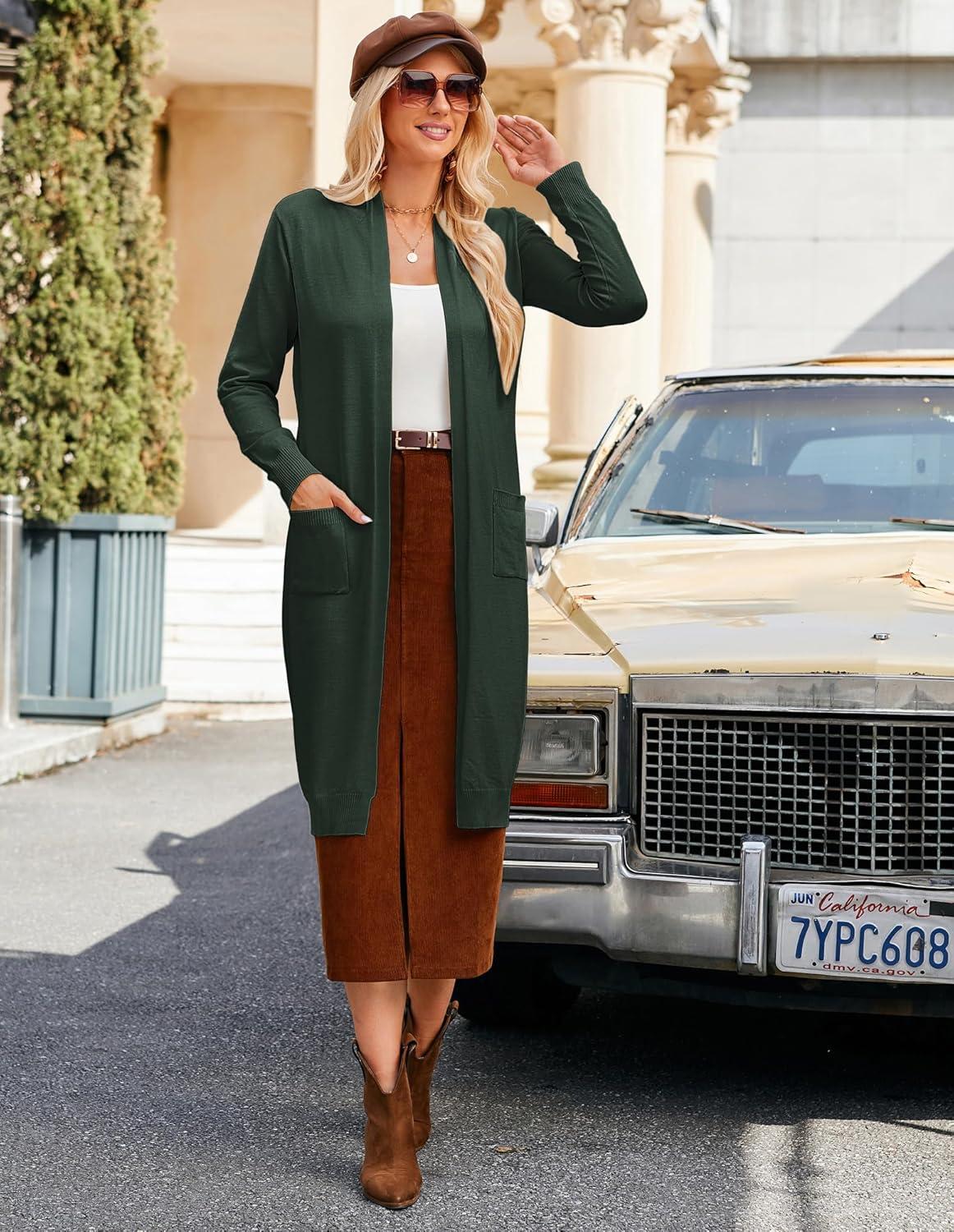 imageGRACE KARIN Womens 2026 Trendy Long Cardigans Sweater Lightweight Open Front Long Sleeve Maxi Duster Coats with PocketsArmy Green