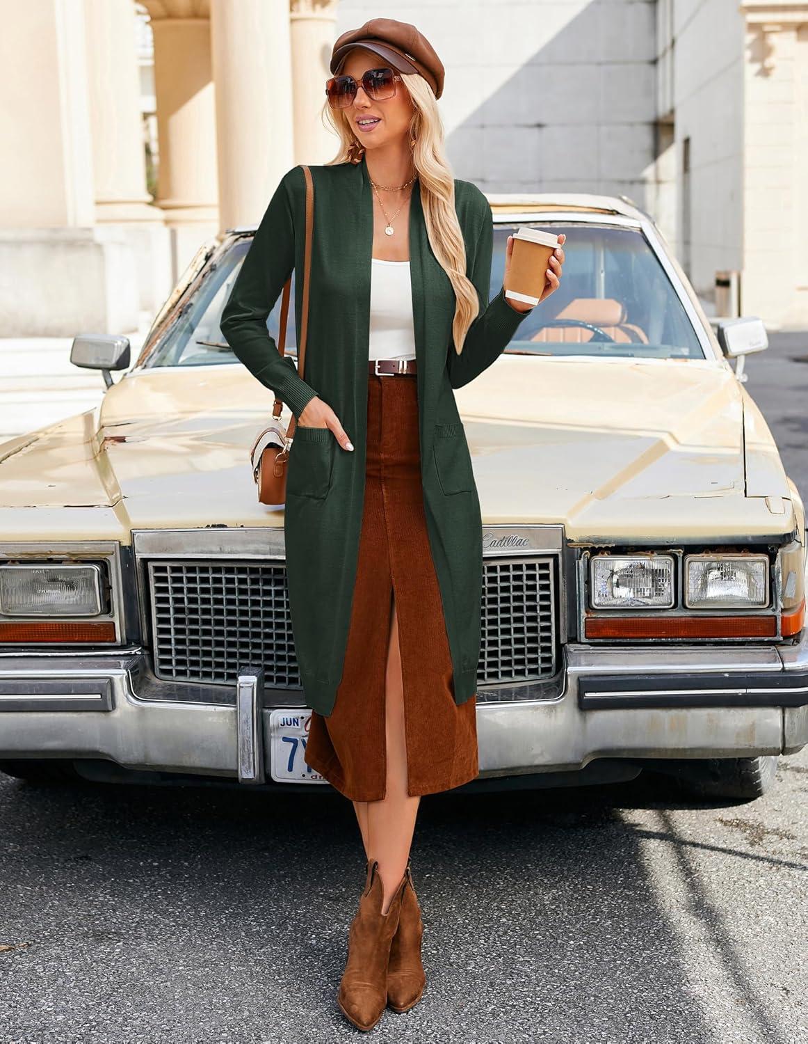 imageGRACE KARIN Womens 2026 Trendy Long Cardigans Sweater Lightweight Open Front Long Sleeve Maxi Duster Coats with PocketsArmy Green