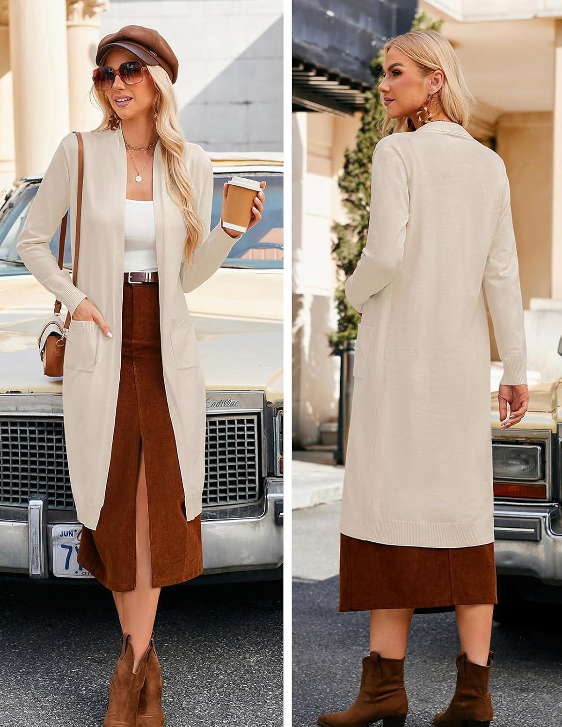 imageGRACE KARIN Womens 2026 Trendy Long Cardigans Sweater Lightweight Open Front Long Sleeve Maxi Duster Coats with PocketsBeige