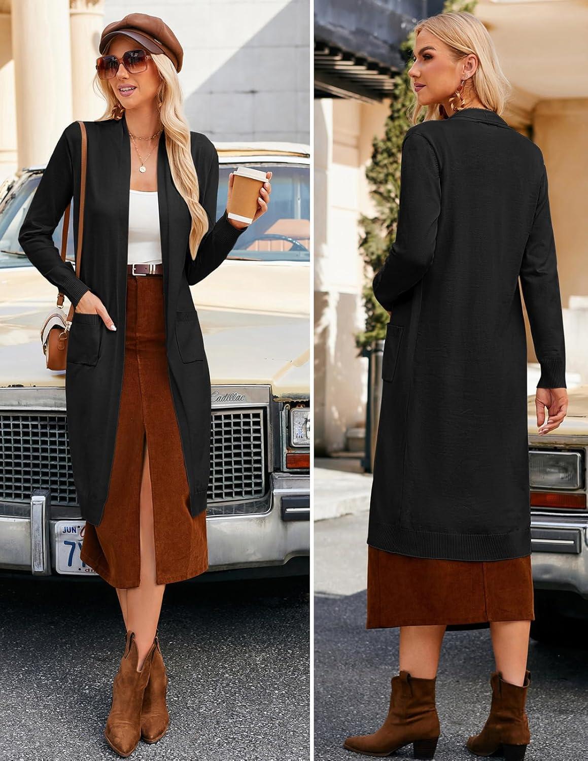 imageGRACE KARIN Womens 2026 Trendy Long Cardigans Sweater Lightweight Open Front Long Sleeve Maxi Duster Coats with PocketsBlack