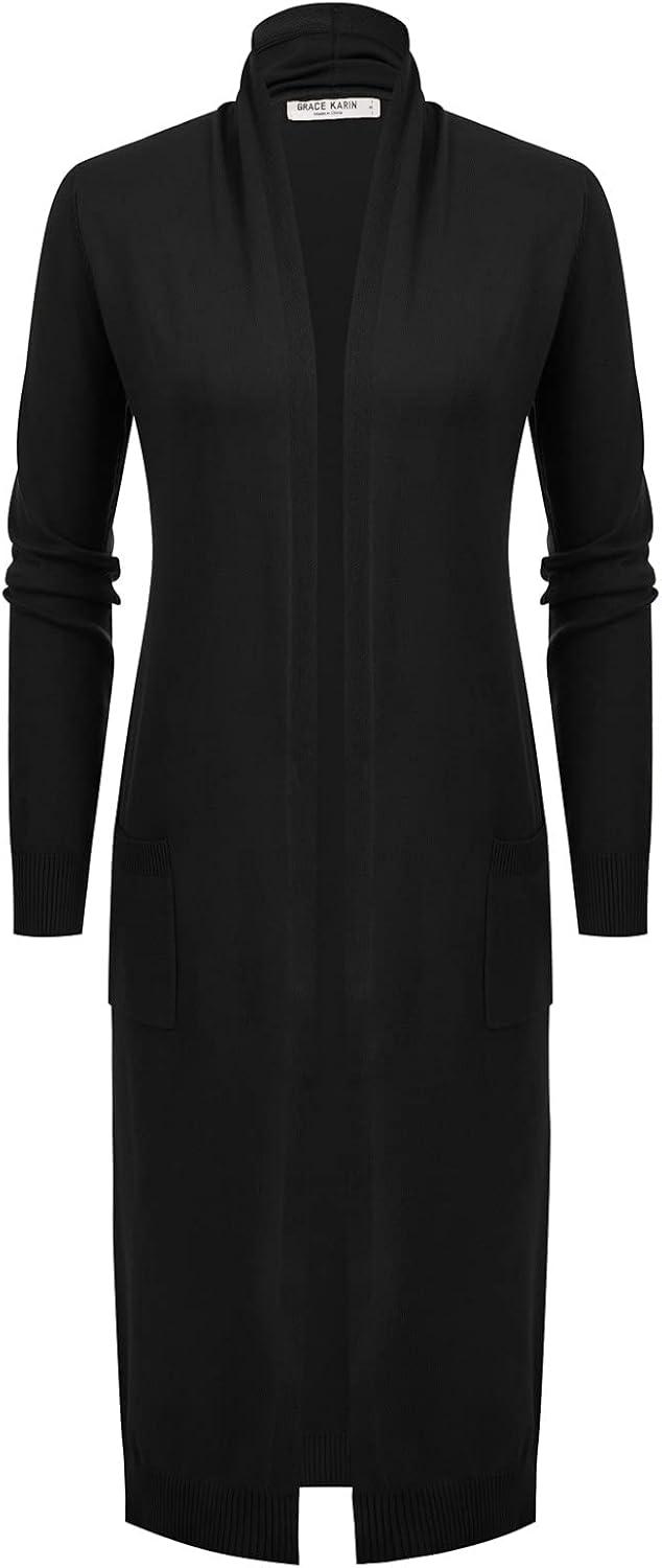 imageGRACE KARIN Womens 2026 Trendy Long Cardigans Sweater Lightweight Open Front Long Sleeve Maxi Duster Coats with PocketsBlack