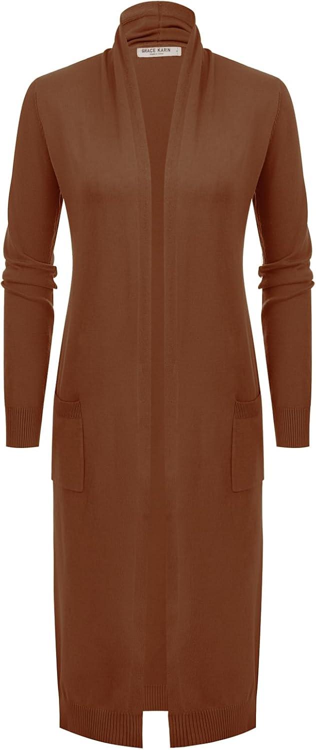 imageGRACE KARIN Womens 2026 Trendy Long Cardigans Sweater Lightweight Open Front Long Sleeve Maxi Duster Coats with PocketsBrown