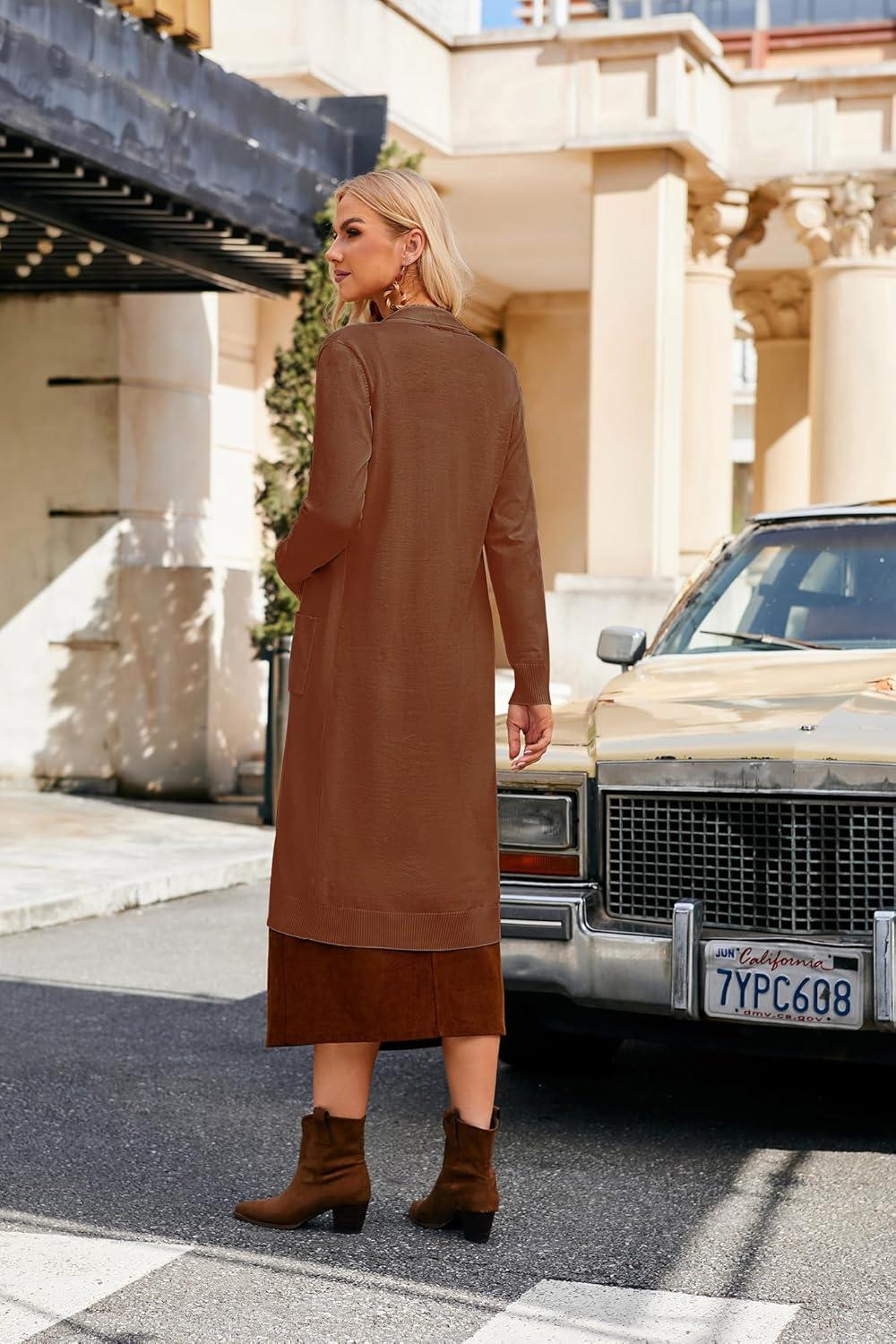imageGRACE KARIN Womens 2026 Trendy Long Cardigans Sweater Lightweight Open Front Long Sleeve Maxi Duster Coats with PocketsBrown