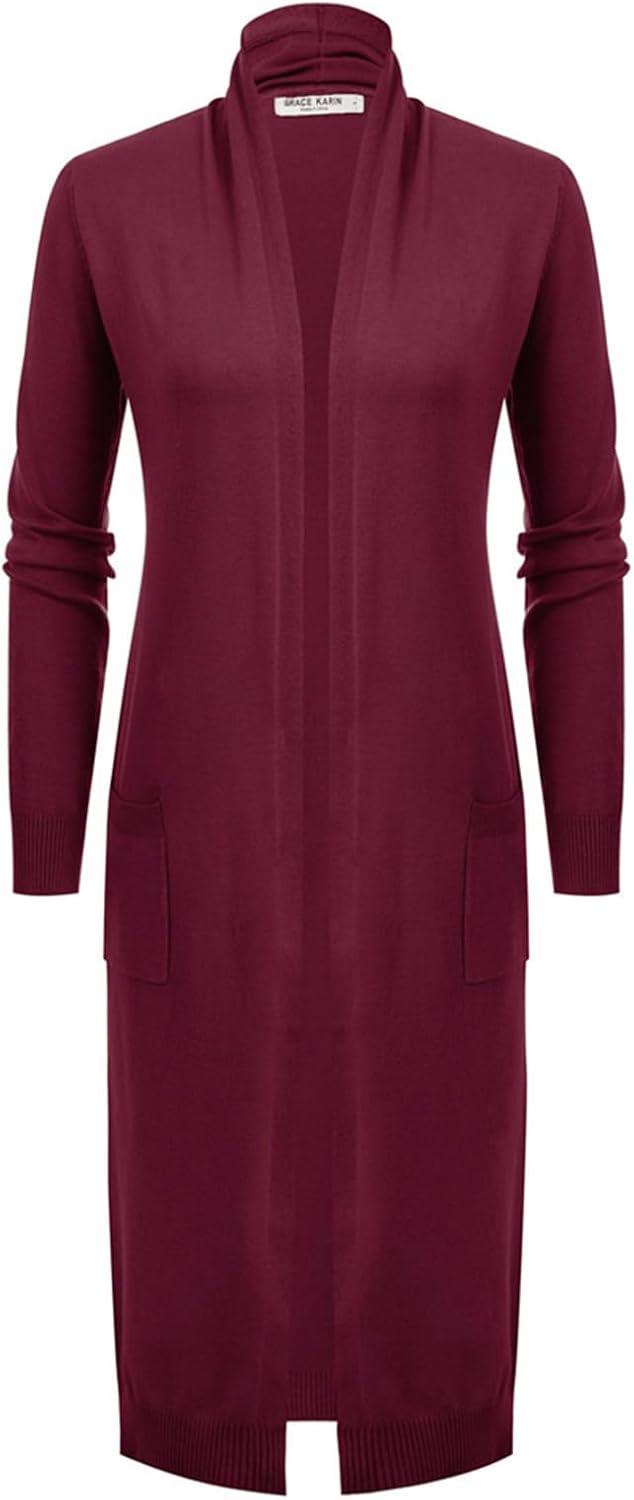 imageGRACE KARIN Womens 2026 Trendy Long Cardigans Sweater Lightweight Open Front Long Sleeve Maxi Duster Coats with PocketsBurgundy