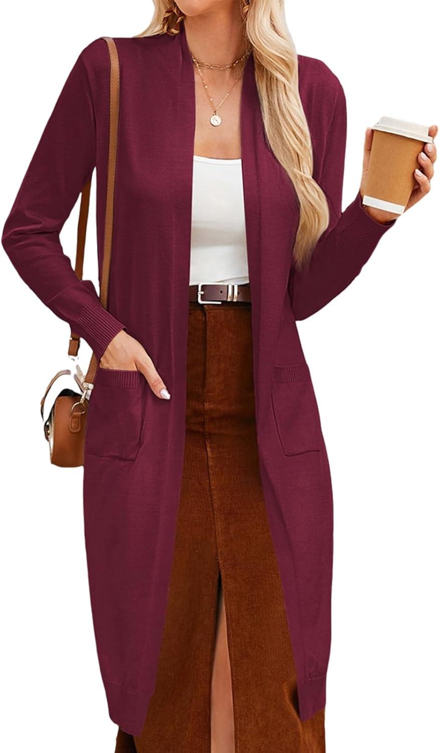 imageGRACE KARIN Womens 2026 Trendy Long Cardigans Sweater Lightweight Open Front Long Sleeve Maxi Duster Coats with PocketsBurgundy