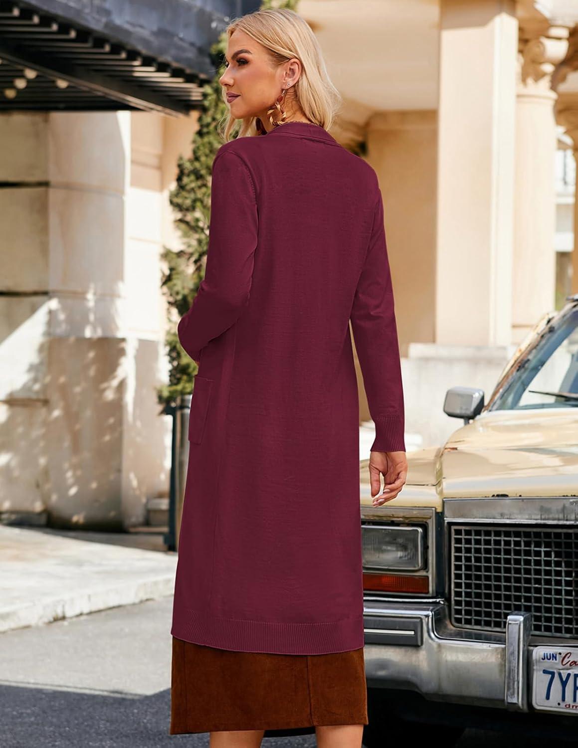 imageGRACE KARIN Womens 2026 Trendy Long Cardigans Sweater Lightweight Open Front Long Sleeve Maxi Duster Coats with PocketsBurgundy