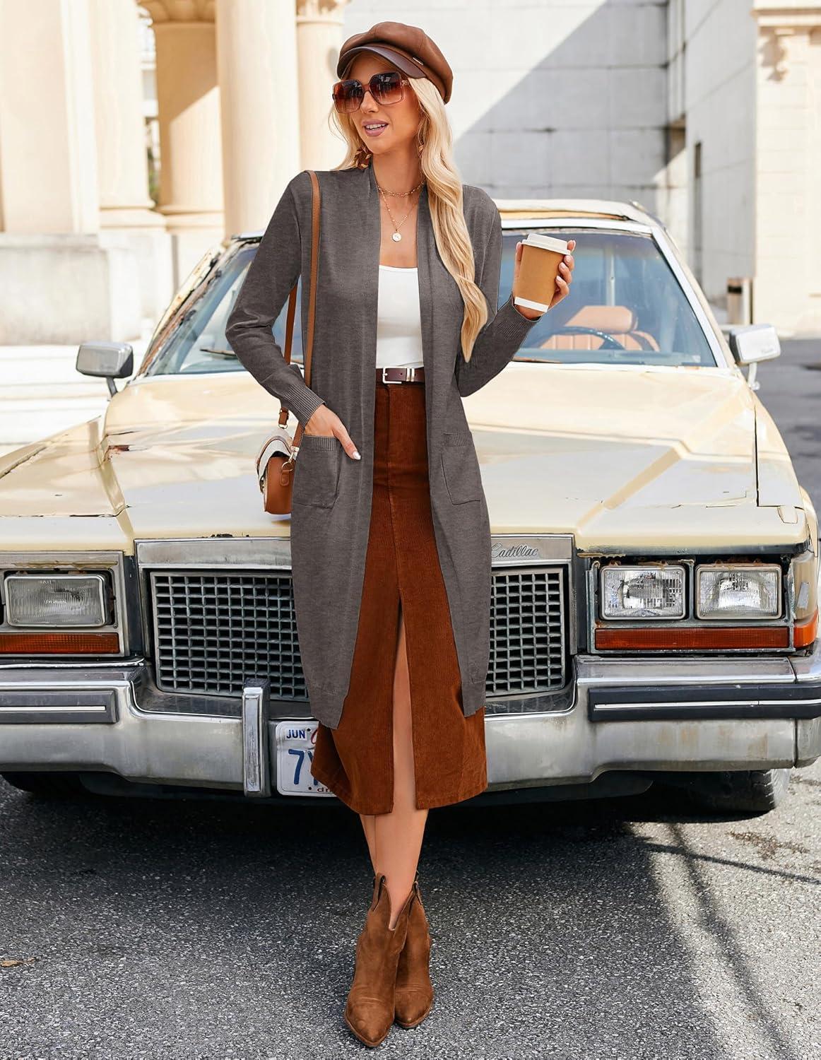 imageGRACE KARIN Womens 2026 Trendy Long Cardigans Sweater Lightweight Open Front Long Sleeve Maxi Duster Coats with PocketsCoffee Grey