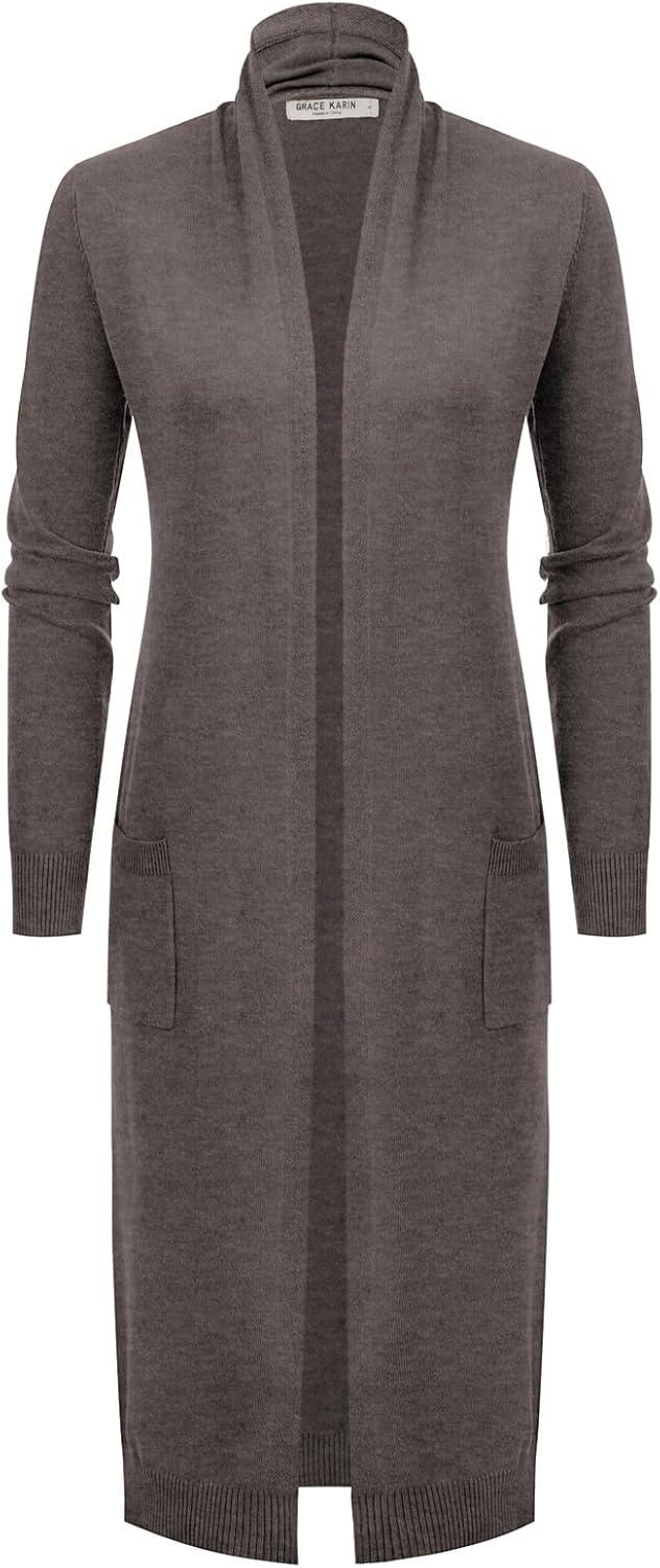 imageGRACE KARIN Womens 2026 Trendy Long Cardigans Sweater Lightweight Open Front Long Sleeve Maxi Duster Coats with PocketsCoffee Grey