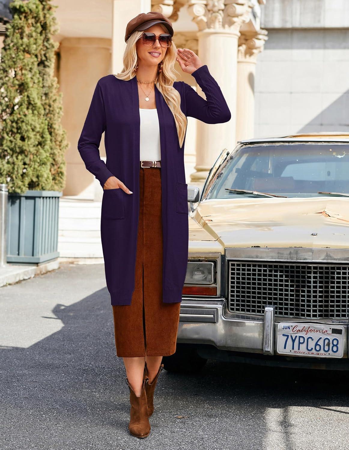 imageGRACE KARIN Womens 2026 Trendy Long Cardigans Sweater Lightweight Open Front Long Sleeve Maxi Duster Coats with PocketsDeep Purple