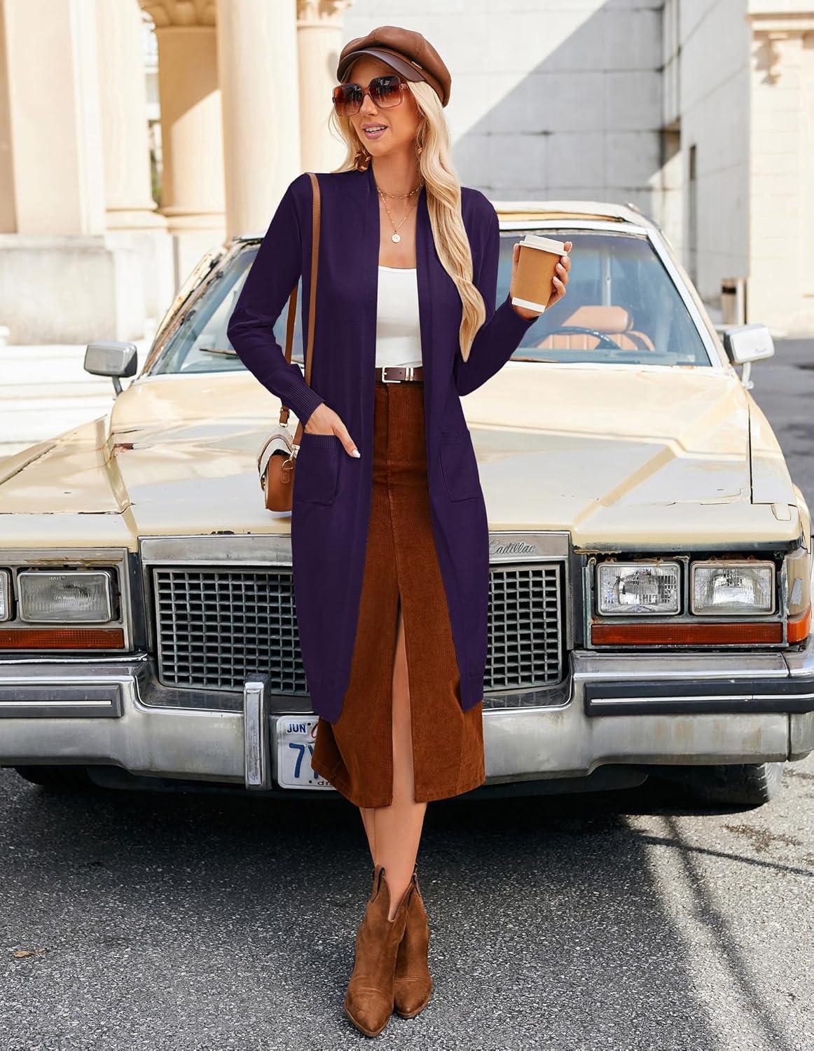 imageGRACE KARIN Womens 2026 Trendy Long Cardigans Sweater Lightweight Open Front Long Sleeve Maxi Duster Coats with PocketsDeep Purple