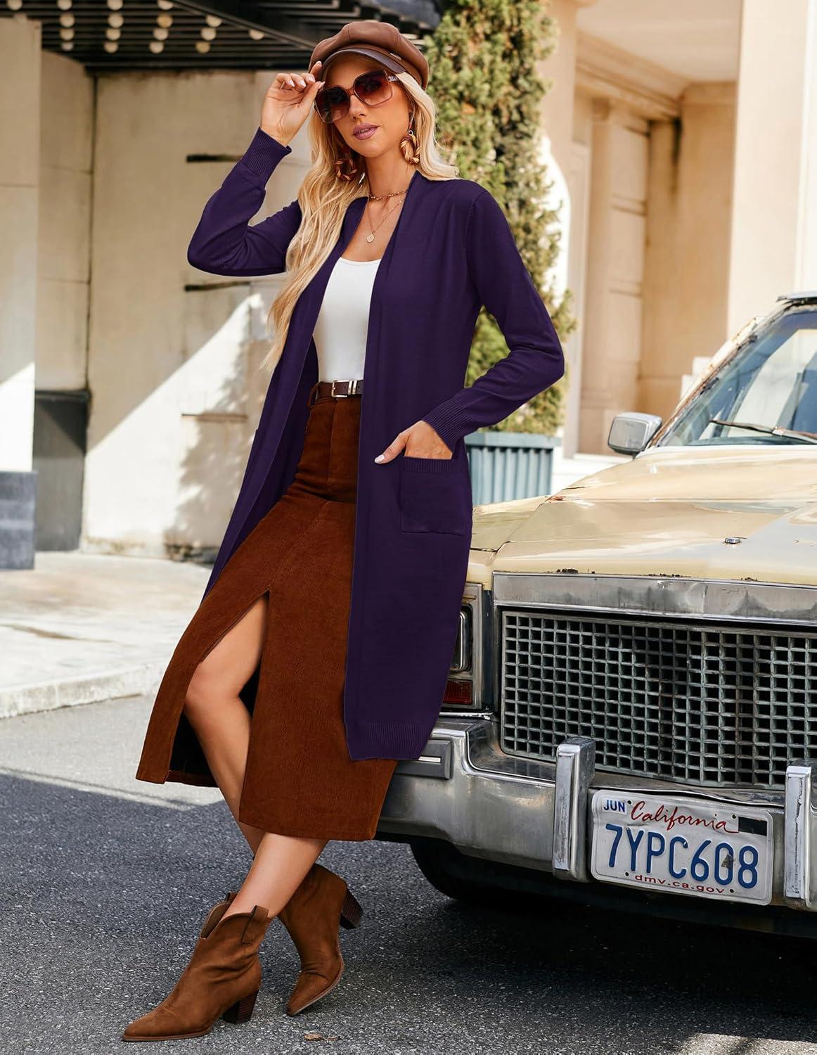 imageGRACE KARIN Womens 2026 Trendy Long Cardigans Sweater Lightweight Open Front Long Sleeve Maxi Duster Coats with PocketsDeep Purple