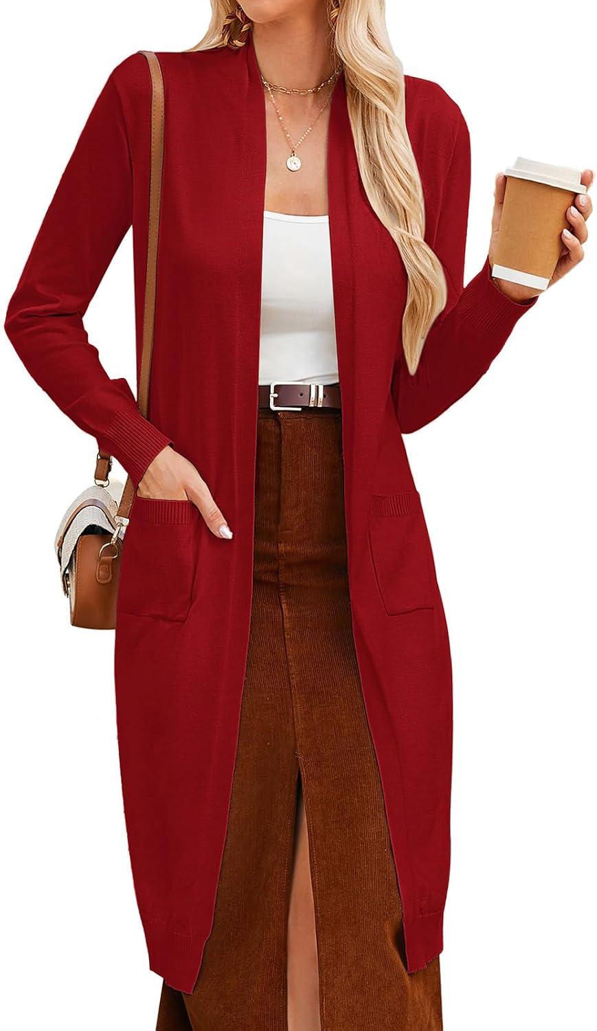 imageGRACE KARIN Womens 2026 Trendy Long Cardigans Sweater Lightweight Open Front Long Sleeve Maxi Duster Coats with PocketsDeep Red
