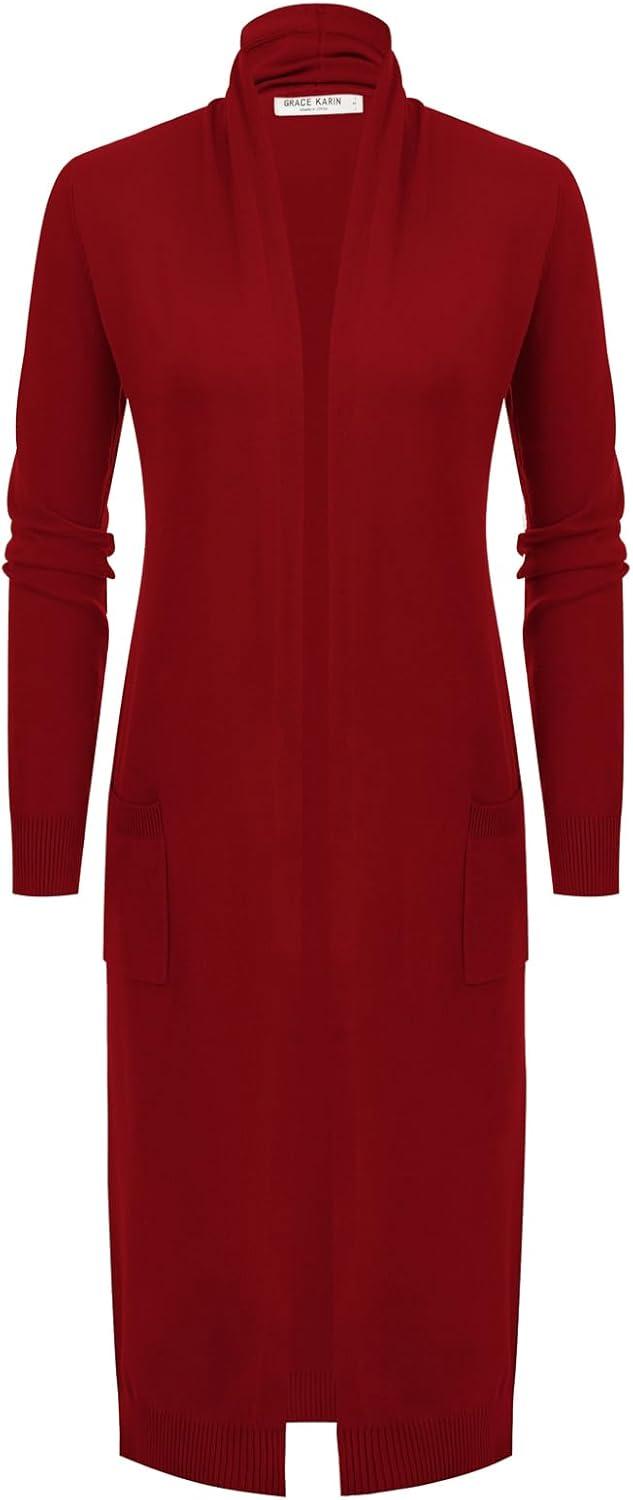 imageGRACE KARIN Womens 2026 Trendy Long Cardigans Sweater Lightweight Open Front Long Sleeve Maxi Duster Coats with PocketsDeep Red