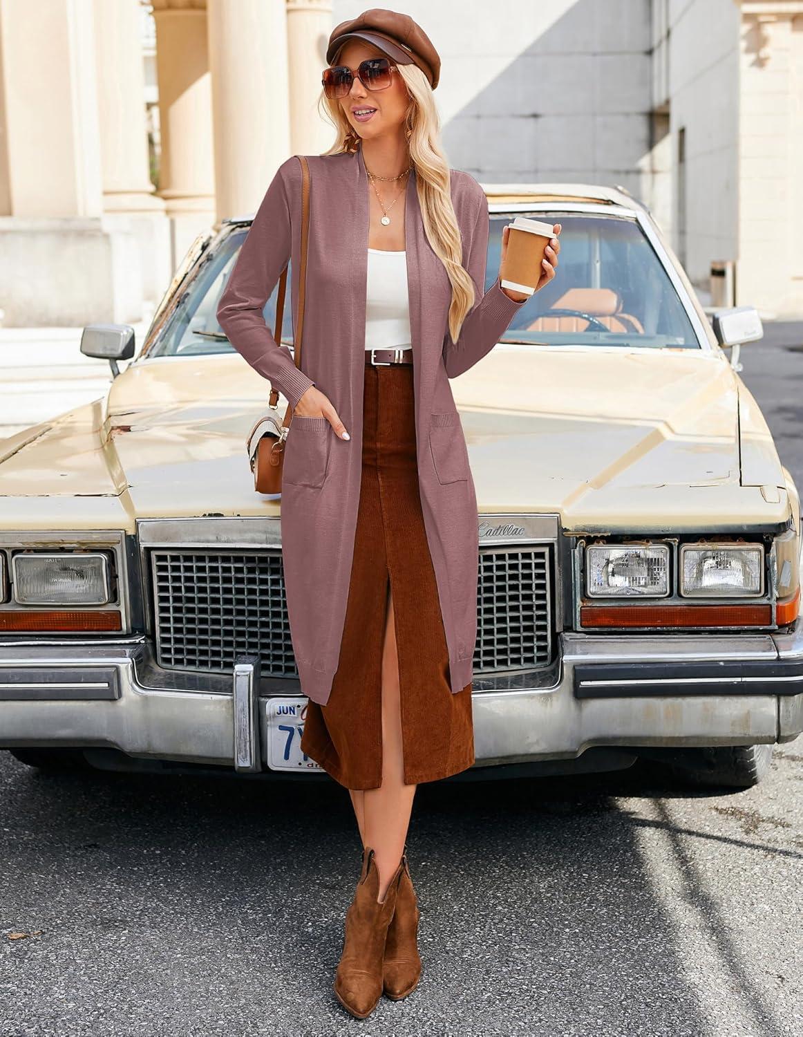 imageGRACE KARIN Womens 2026 Trendy Long Cardigans Sweater Lightweight Open Front Long Sleeve Maxi Duster Coats with PocketsGray Pink