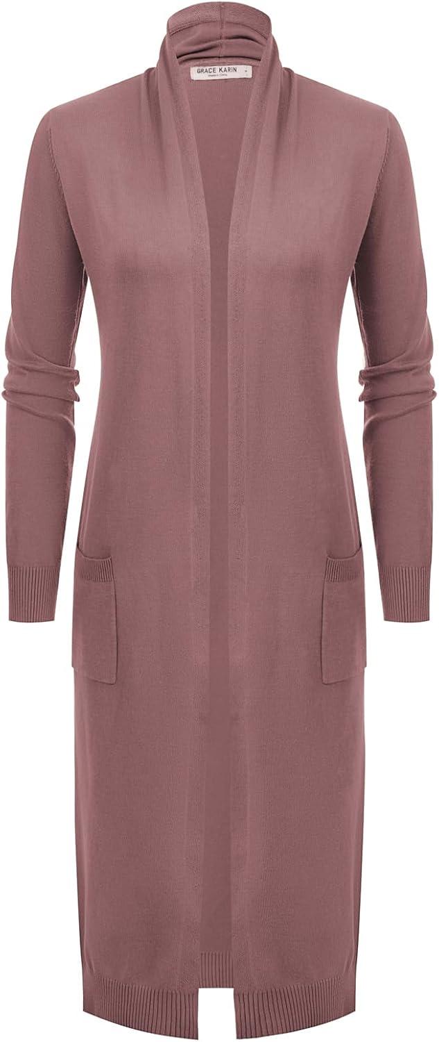 imageGRACE KARIN Womens 2026 Trendy Long Cardigans Sweater Lightweight Open Front Long Sleeve Maxi Duster Coats with PocketsGray Pink