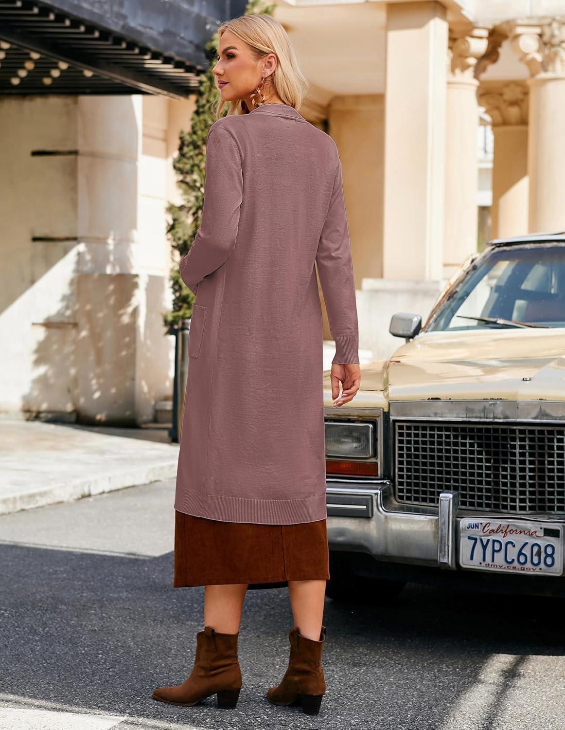 imageGRACE KARIN Womens 2026 Trendy Long Cardigans Sweater Lightweight Open Front Long Sleeve Maxi Duster Coats with PocketsGray Pink