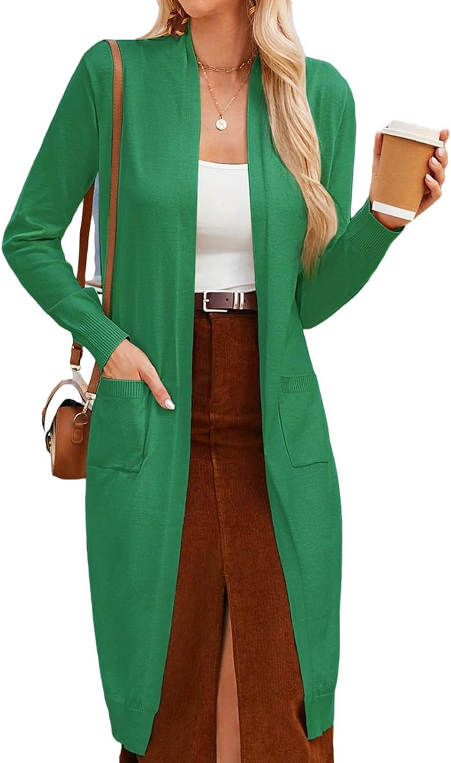 imageGRACE KARIN Womens 2026 Trendy Long Cardigans Sweater Lightweight Open Front Long Sleeve Maxi Duster Coats with PocketsGreen