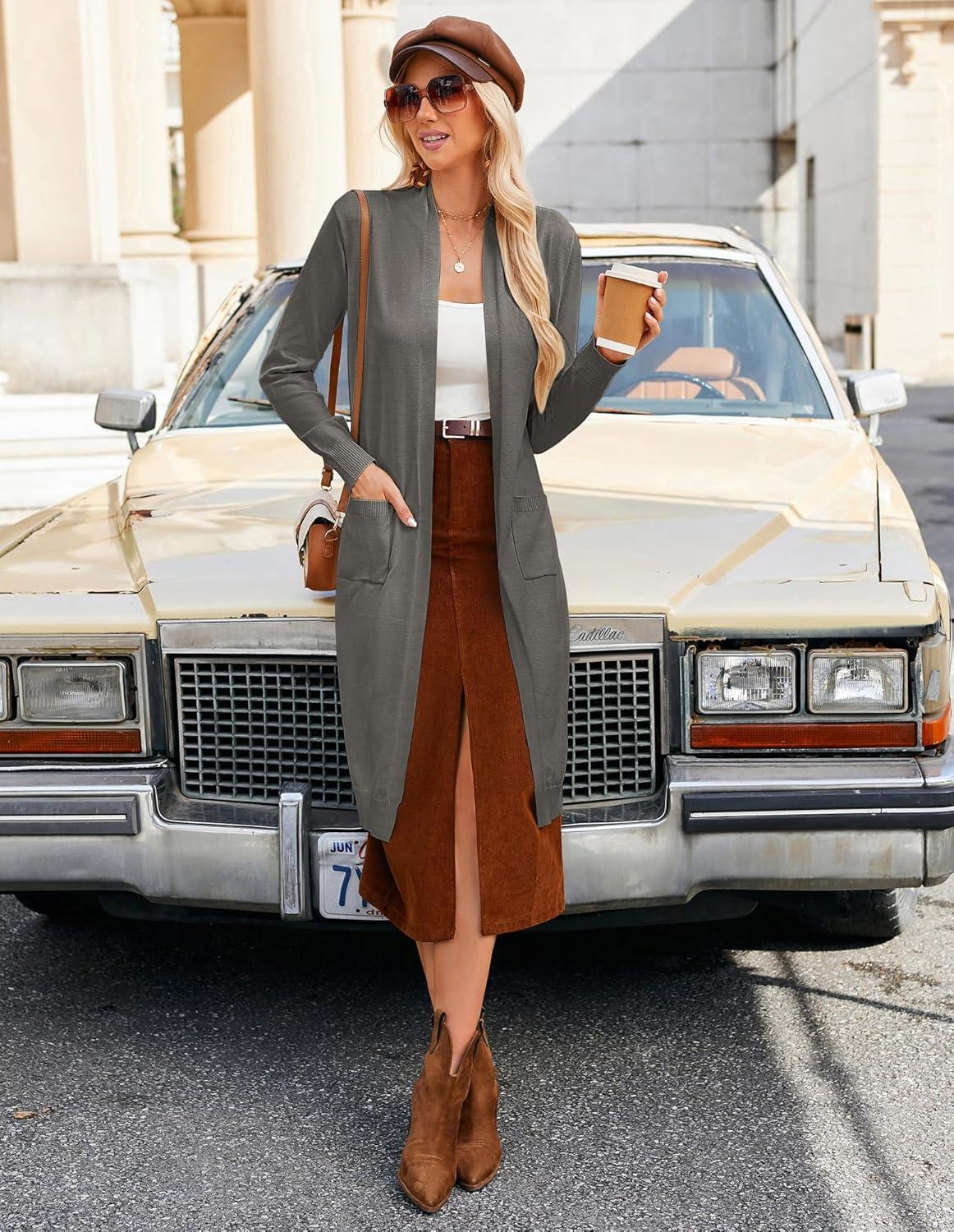 imageGRACE KARIN Womens 2026 Trendy Long Cardigans Sweater Lightweight Open Front Long Sleeve Maxi Duster Coats with PocketsGrey