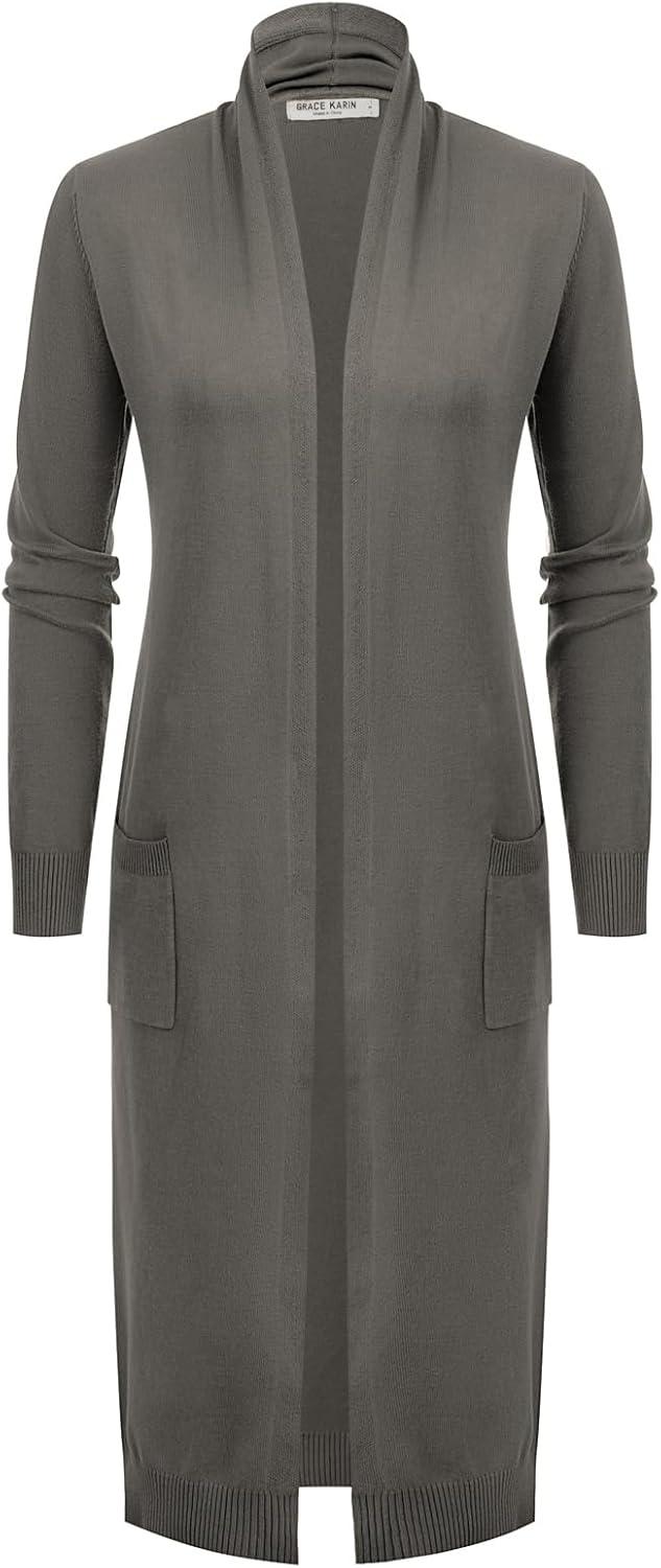 imageGRACE KARIN Womens 2026 Trendy Long Cardigans Sweater Lightweight Open Front Long Sleeve Maxi Duster Coats with PocketsGrey