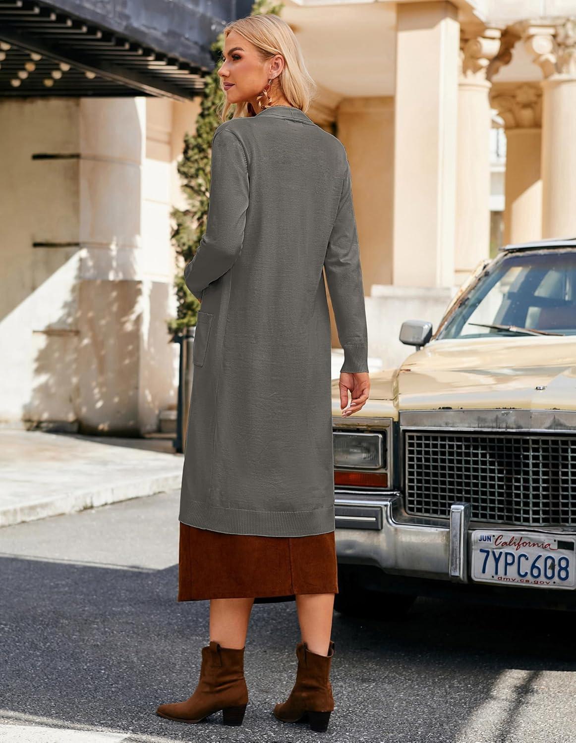 imageGRACE KARIN Womens 2026 Trendy Long Cardigans Sweater Lightweight Open Front Long Sleeve Maxi Duster Coats with PocketsGrey