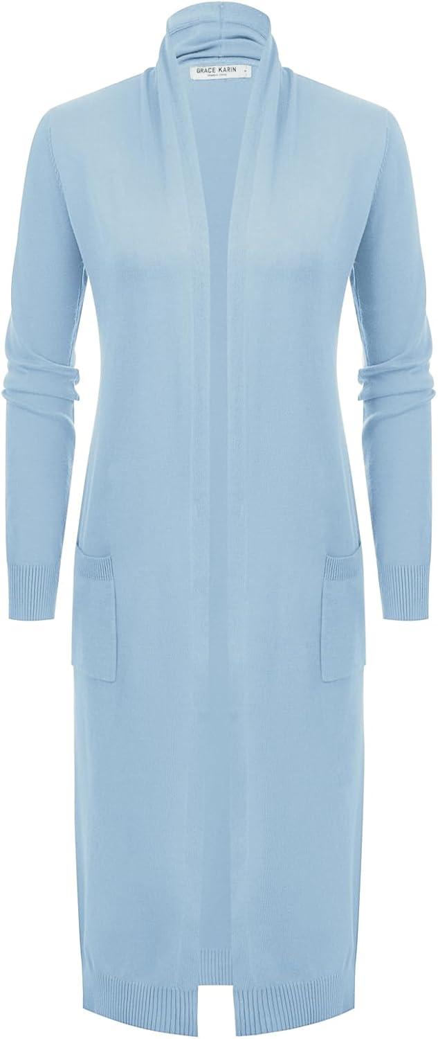 imageGRACE KARIN Womens 2026 Trendy Long Cardigans Sweater Lightweight Open Front Long Sleeve Maxi Duster Coats with PocketsLight Blue