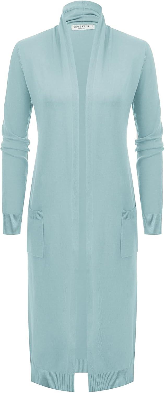 imageGRACE KARIN Womens 2026 Trendy Long Cardigans Sweater Lightweight Open Front Long Sleeve Maxi Duster Coats with PocketsLight Blue Grey