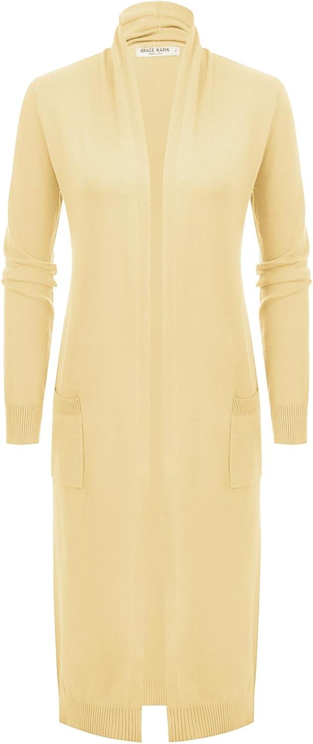 imageGRACE KARIN Womens 2026 Trendy Long Cardigans Sweater Lightweight Open Front Long Sleeve Maxi Duster Coats with PocketsLight Yellow
