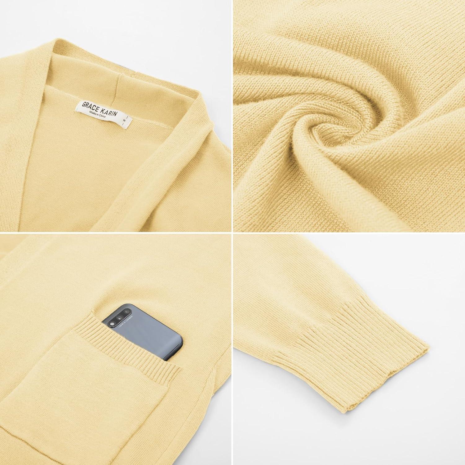 imageGRACE KARIN Womens 2026 Trendy Long Cardigans Sweater Lightweight Open Front Long Sleeve Maxi Duster Coats with PocketsLight Yellow