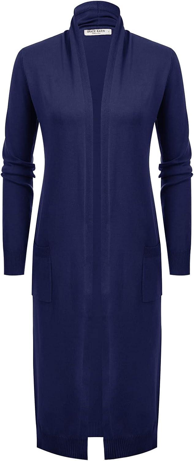 imageGRACE KARIN Womens 2026 Trendy Long Cardigans Sweater Lightweight Open Front Long Sleeve Maxi Duster Coats with PocketsNavy Blue