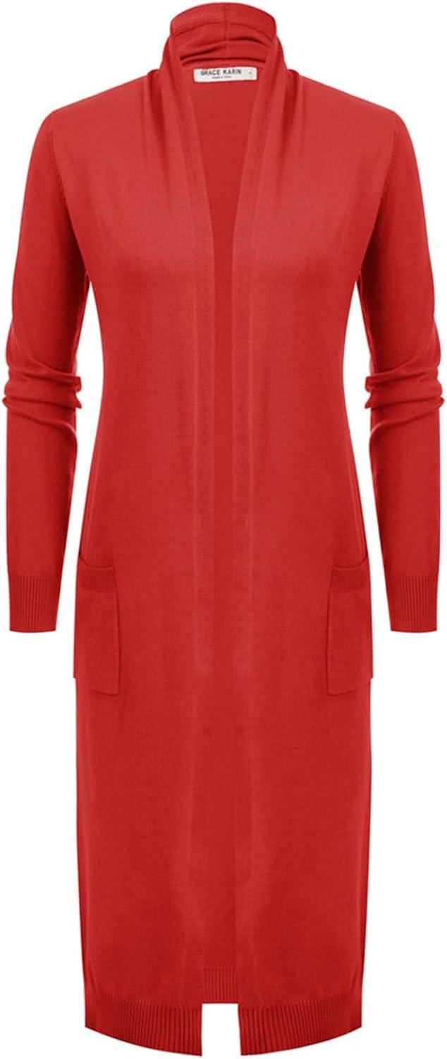 imageGRACE KARIN Womens 2026 Trendy Long Cardigans Sweater Lightweight Open Front Long Sleeve Maxi Duster Coats with PocketsRed