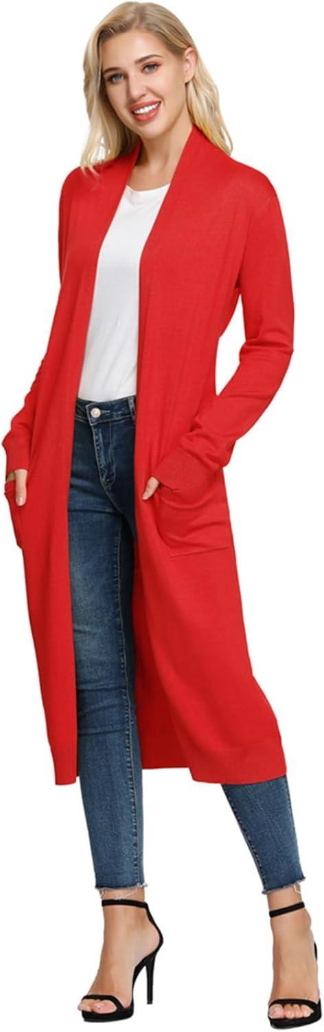 imageGRACE KARIN Womens 2026 Trendy Long Cardigans Sweater Lightweight Open Front Long Sleeve Maxi Duster Coats with PocketsRed