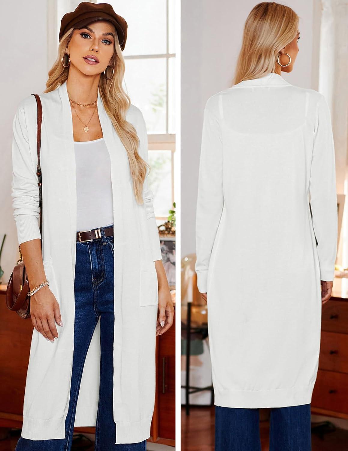 imageGRACE KARIN Womens 2026 Trendy Long Cardigans Sweater Lightweight Open Front Long Sleeve Maxi Duster Coats with PocketsWhite