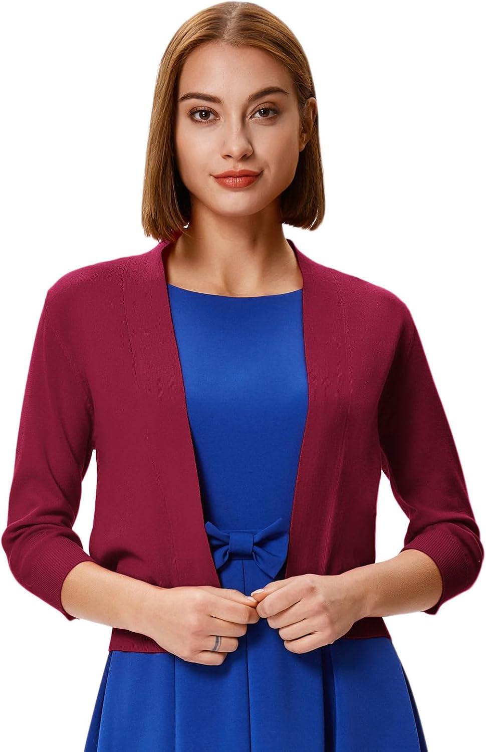 imageGRACE KARIN Womens 34 Sleeve Knit Cropped Cardigan Sweaters Open Front Bolero Shrugs Sweater Tops S3XLBurgundy