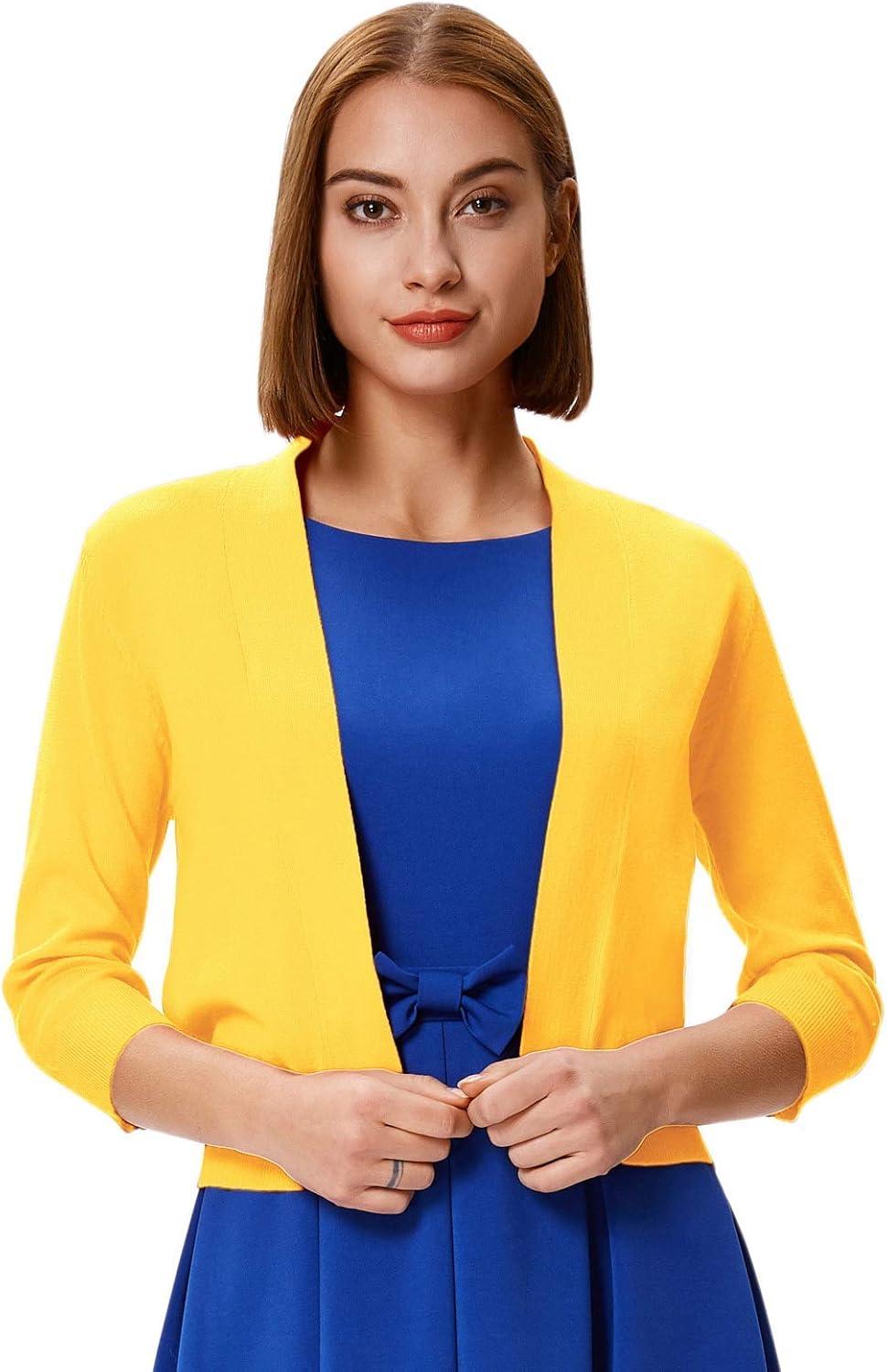imageGRACE KARIN Womens 34 Sleeve Knit Cropped Cardigan Sweaters Open Front Bolero Shrugs Sweater Tops S3XLYellow