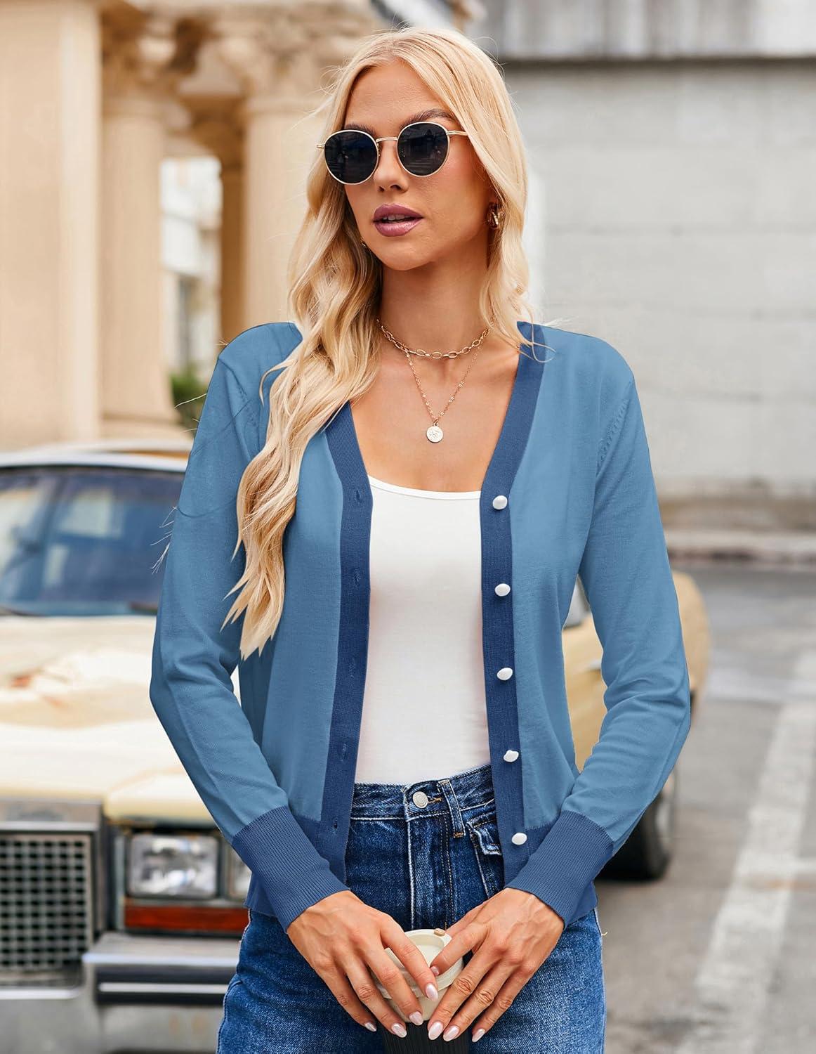 imageGRACE KARIN Womens Cardigan Sweaters Lightweight Long Sleeve Cropped Cardigan Spring Summer Fashion Clothing Outfits ShrugGray Blue