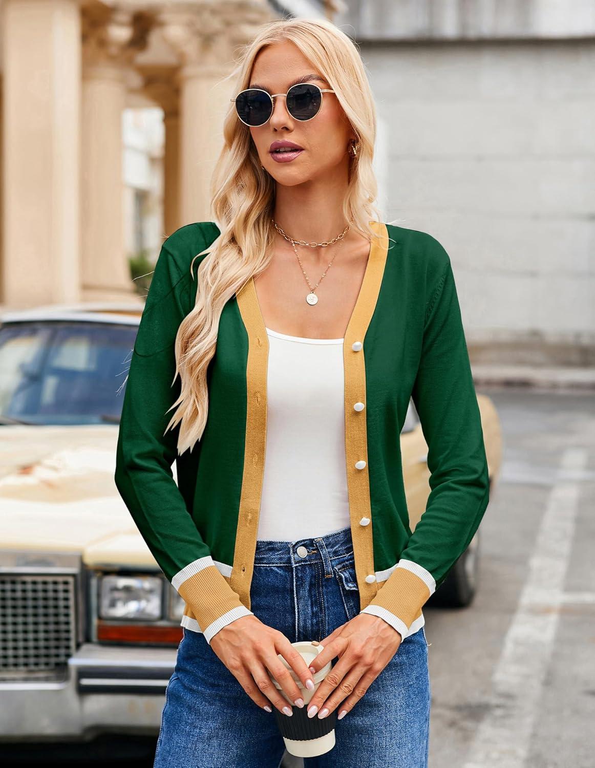 imageGRACE KARIN Womens Cardigan Sweaters Lightweight Long Sleeve Cropped Cardigan Spring Summer Fashion Clothing Outfits ShrugGreen Yellow