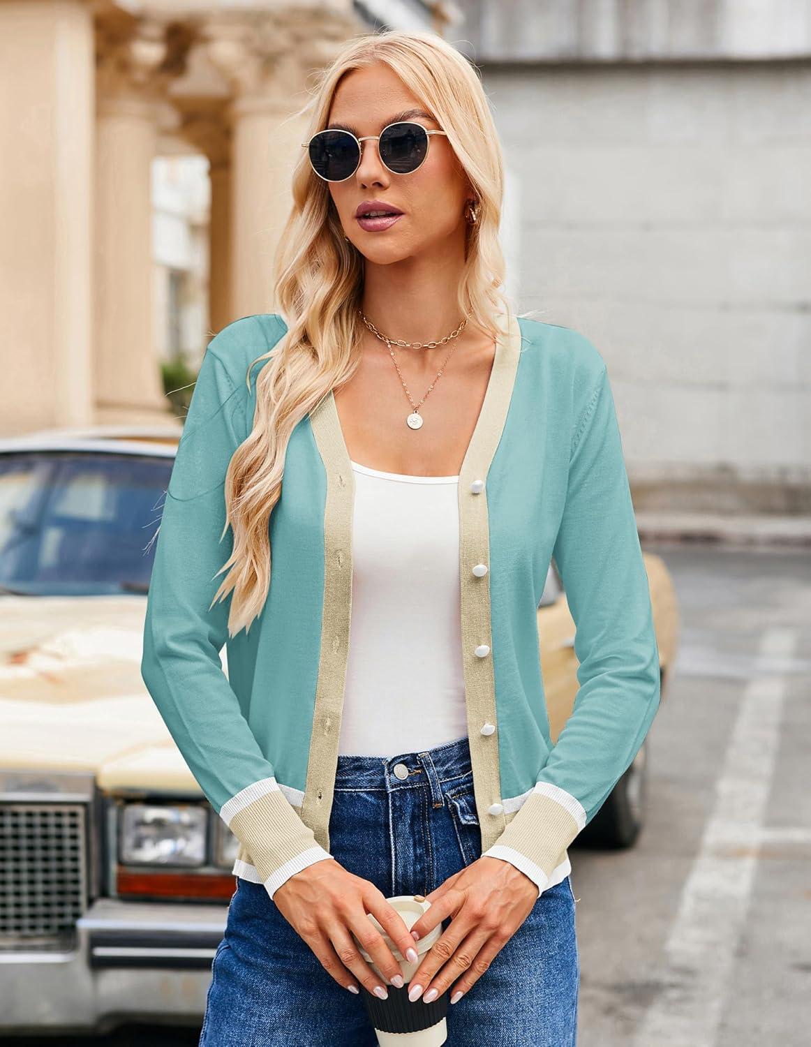 imageGRACE KARIN Womens Cardigan Sweaters Lightweight Long Sleeve Cropped Cardigan Spring Summer Fashion Clothing Outfits ShrugLight Blue